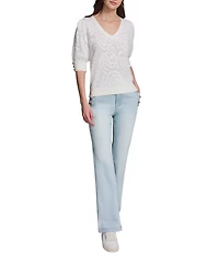 KARL LAGERFELD PARIS Knit Print V-Neck Short Sleeve Top