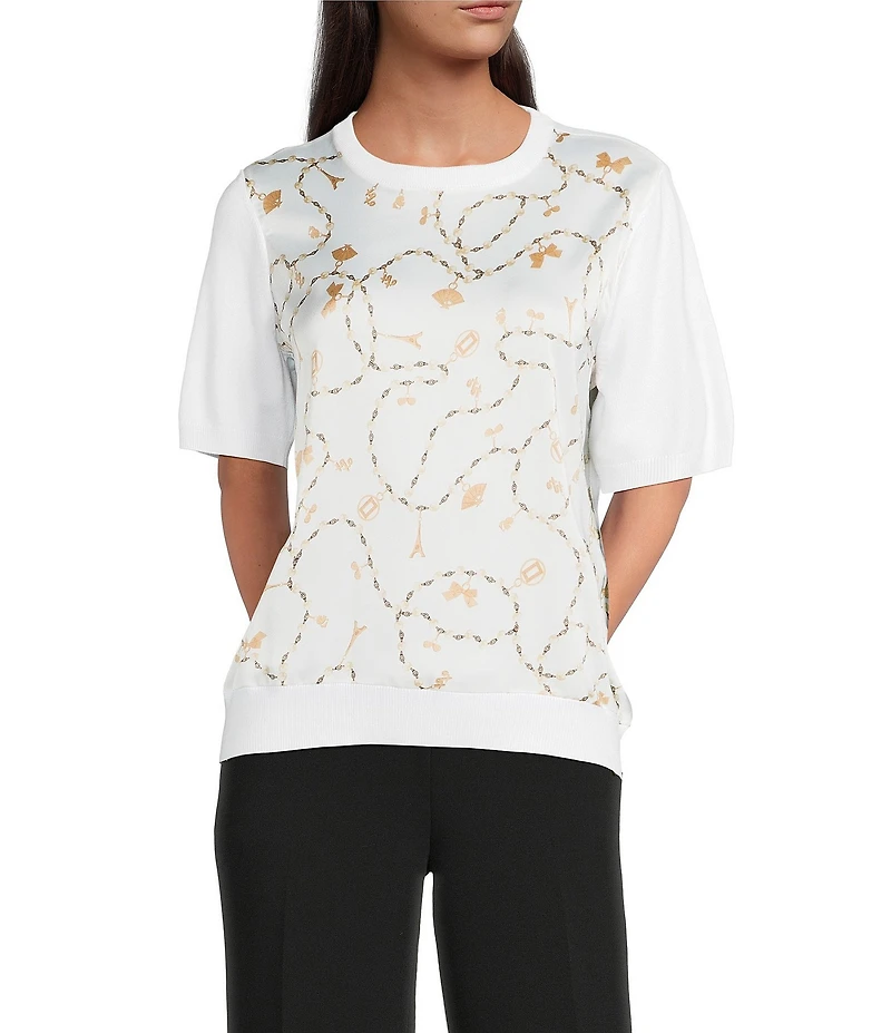 KARL LAGERFELD PARIS Knit Printed Crew Neck Short Sleeve Sweater