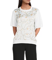 KARL LAGERFELD PARIS Knit Printed Crew Neck Short Sleeve Sweater