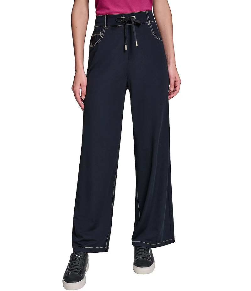KARL LAGERFELD PARIS Knit Refined Jersey Flat Front Wide Leg Drawstring Front Pants