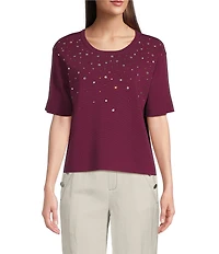 KARL LAGERFELD PARIS Knit Rhinestone Crew Neck Short Sleeve Top