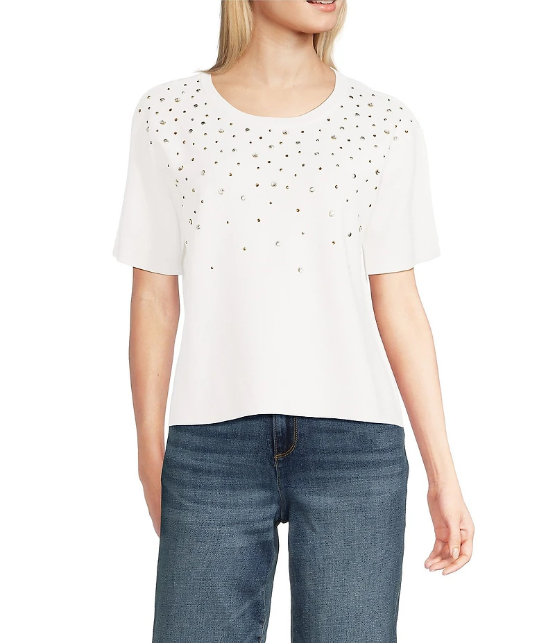 KARL LAGERFELD PARIS Knit Rhinestone Crew Neck Short Sleeve Top