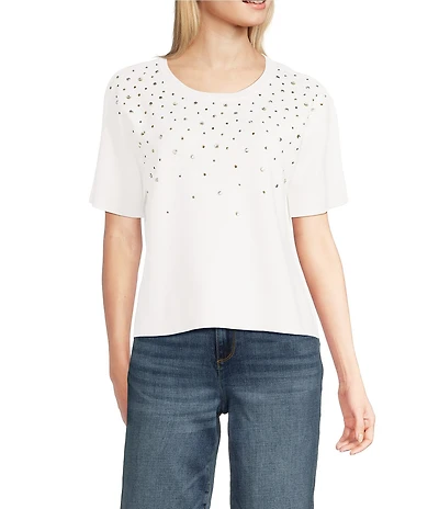 KARL LAGERFELD PARIS Knit Rhinestone Crew Neck Short Sleeve Top