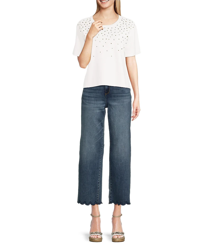 KARL LAGERFELD PARIS Knit Rhinestone Crew Neck Short Sleeve Top