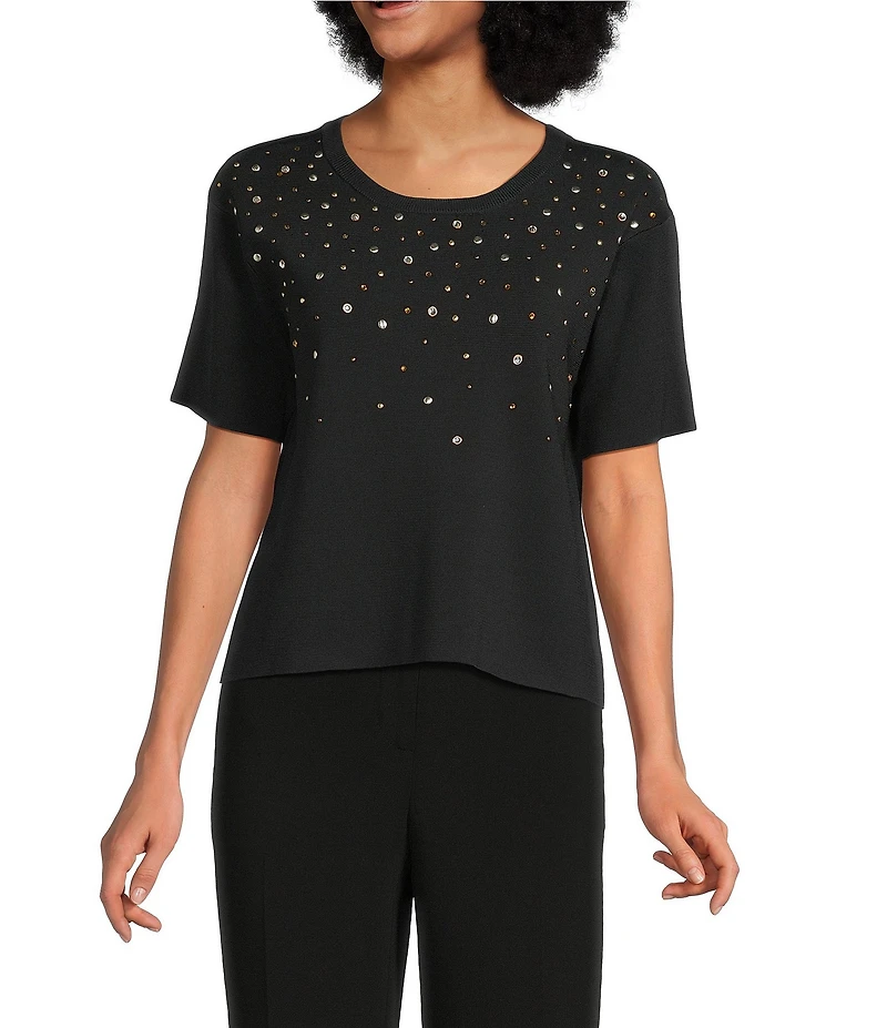 KARL LAGERFELD PARIS Knit Rhinestone Crew Neck Short Sleeve Top