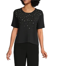 KARL LAGERFELD PARIS Knit Rhinestone Crew Neck Short Sleeve Top