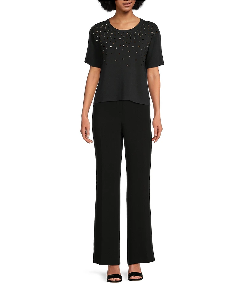 KARL LAGERFELD PARIS Knit Rhinestone Crew Neck Short Sleeve Top