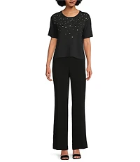 KARL LAGERFELD PARIS Knit Rhinestone Crew Neck Short Sleeve Top
