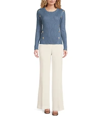 KARL LAGERFELD PARIS Knit Round Neck Long Sleeve Button Detail Sweater