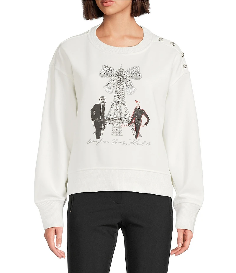 KARL LAGERFELD PARIS Knit Round Neck Long Sleeve Eiffel Tower Sweatshirt