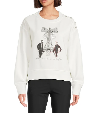 KARL LAGERFELD PARIS Knit Round Neck Long Sleeve Eiffel Tower Sweatshirt