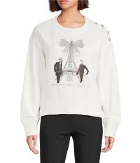 KARL LAGERFELD PARIS Knit Round Neck Long Sleeve Eiffel Tower Sweatshirt