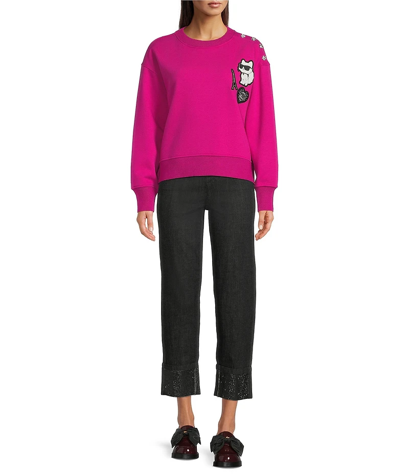 KARL LAGERFELD PARIS Knit Round Neck Long Sleeve Embroidered Patchwork Sweatshirt