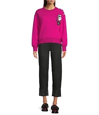 KARL LAGERFELD PARIS Knit Round Neck Long Sleeve Embroidered Patchwork Sweatshirt