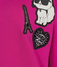 KARL LAGERFELD PARIS Knit Round Neck Long Sleeve Embroidered Patchwork Sweatshirt