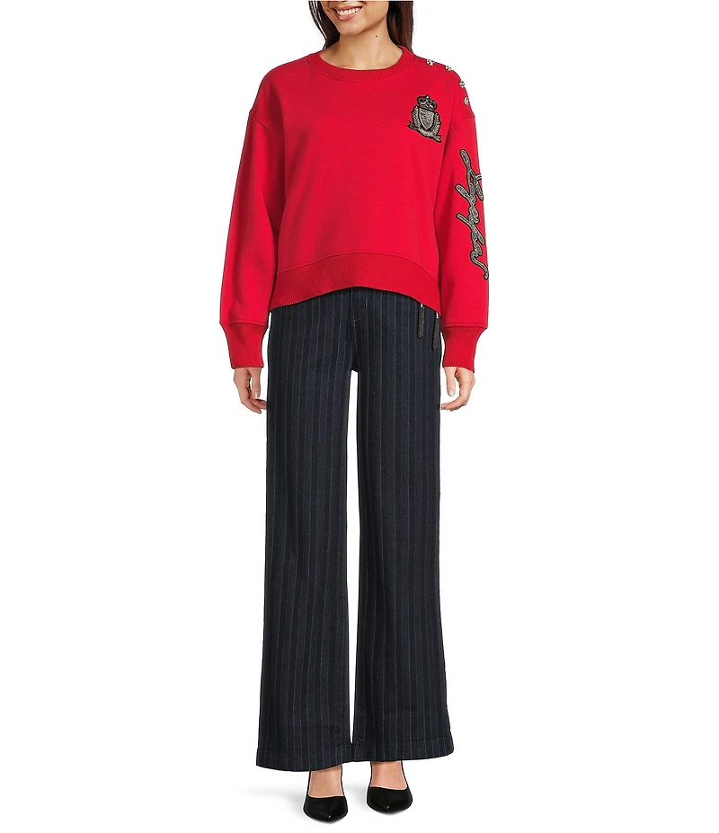 KARL LAGERFELD PARIS Knit Round Neck Long Sleeve Patchwork Sweatshirt