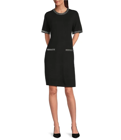 KARL LAGERFELD PARIS Knit Round Neck Short Sleeve A-line Dress