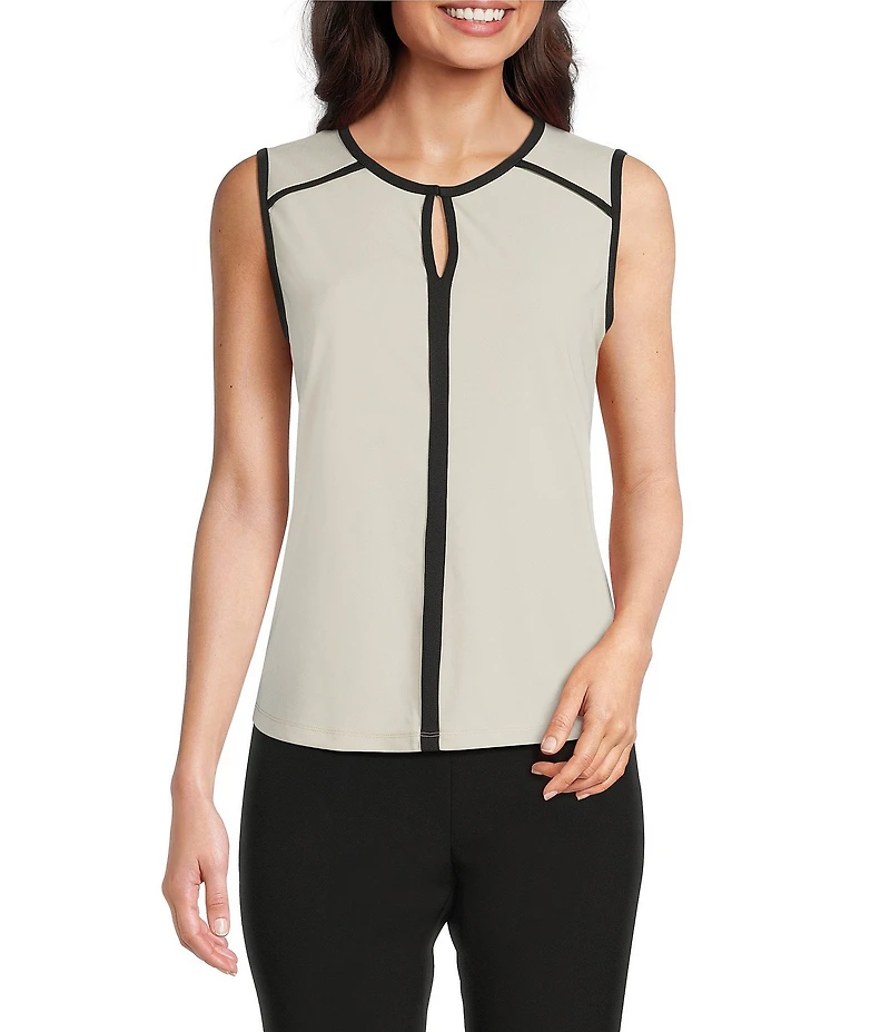 KARL LAGERFELD PARIS Knit Round Neck Sleeveless Contrast Pipe Trim Top