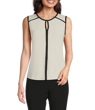 KARL LAGERFELD PARIS Knit Round Neck Sleeveless Contrast Pipe Trim Top