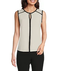 KARL LAGERFELD PARIS Knit Round Neck Sleeveless Contrast Pipe Trim Top