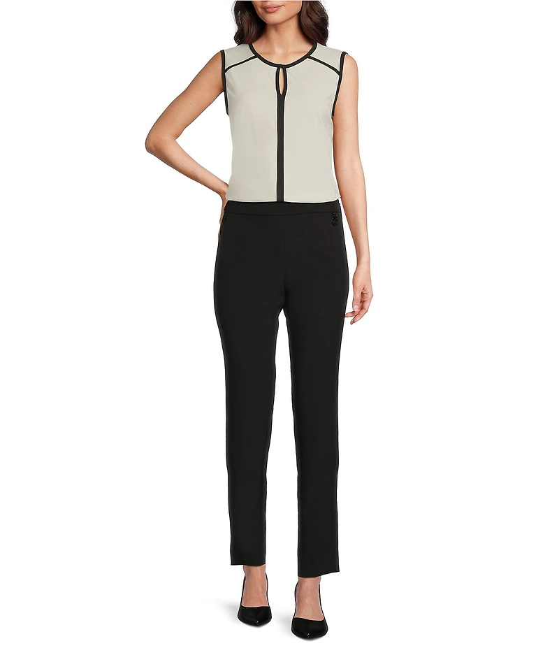 KARL LAGERFELD PARIS Knit Round Neck Sleeveless Contrast Pipe Trim Top
