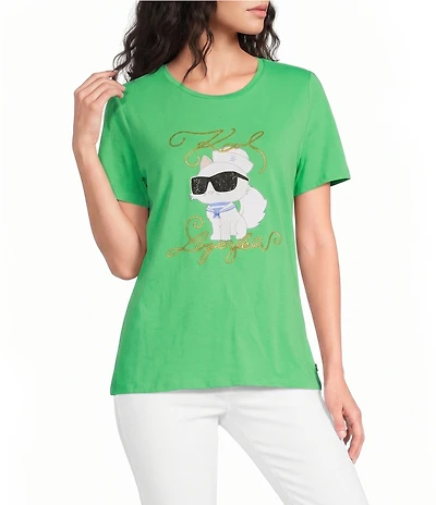 KARL LAGERFELD PARIS Knit Sailor Crew Neck Short Sleeve Sailor Choupette Logo Tee