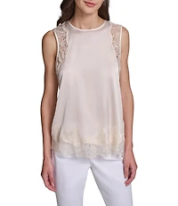 KARL LAGERFELD PARIS Knit Satin Silky Lace Crew Neck Sleeveless Tank Top