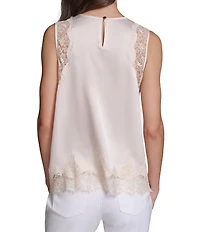 KARL LAGERFELD PARIS Knit Satin Silky Lace Crew Neck Sleeveless Tank Top