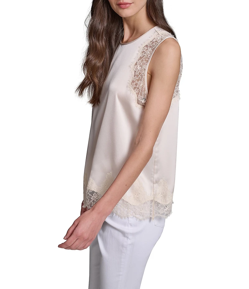 KARL LAGERFELD PARIS Knit Satin Silky Lace Crew Neck Sleeveless Tank Top