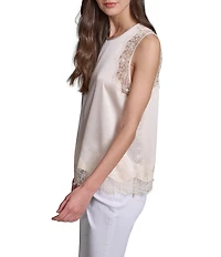 KARL LAGERFELD PARIS Knit Satin Silky Lace Crew Neck Sleeveless Tank Top