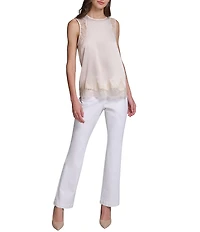 KARL LAGERFELD PARIS Knit Satin Silky Lace Crew Neck Sleeveless Tank Top