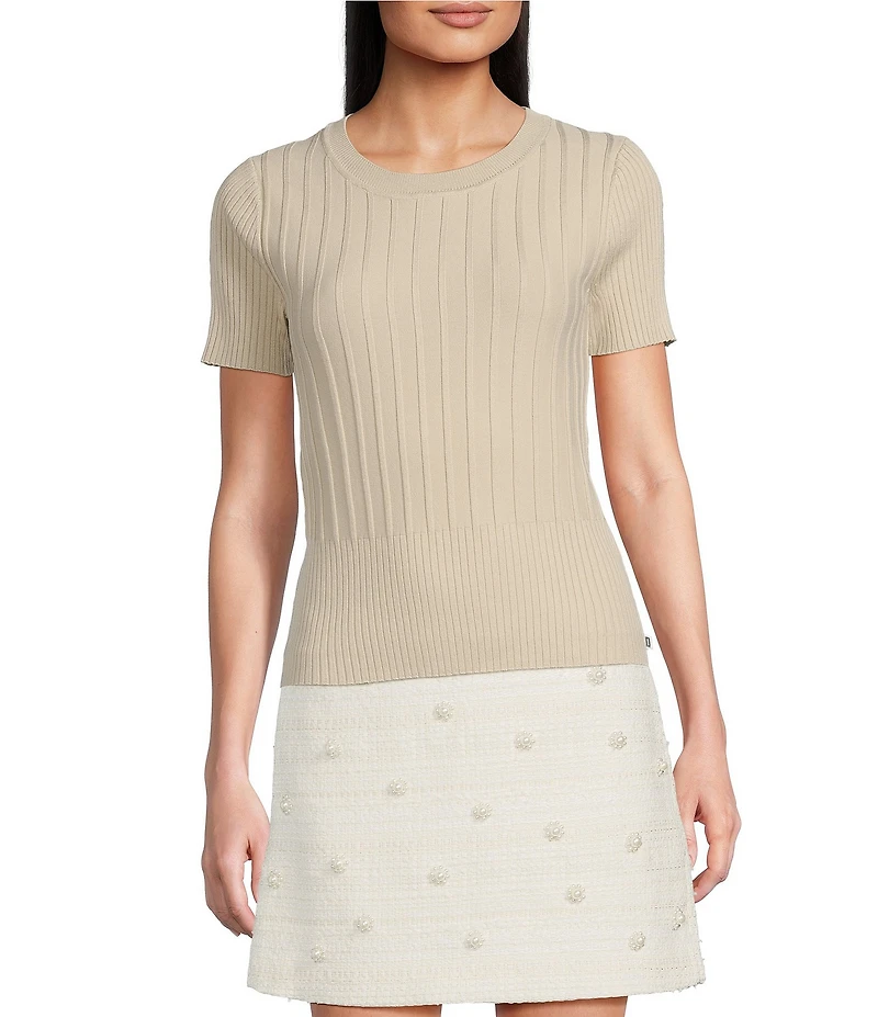 KARL LAGERFELD PARIS Knit Scoop Neck Short Sleeve Ribbed Top