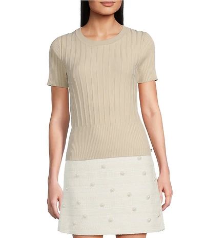 KARL LAGERFELD PARIS Knit Scoop Neck Short Sleeve Ribbed Top