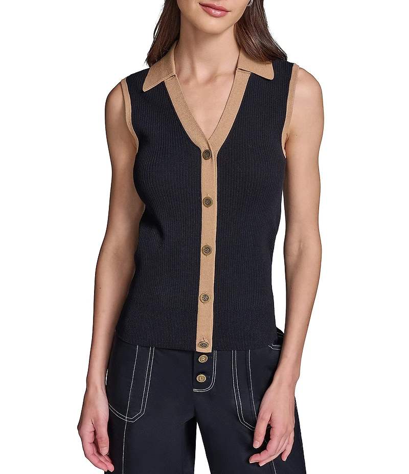 KARL LAGERFELD PARIS Knit Spread Collar Sleeveless Contrast Trim Vest