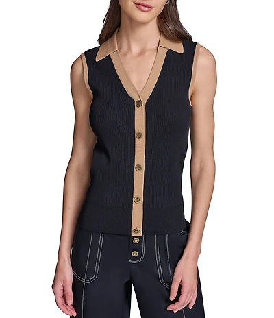 KARL LAGERFELD PARIS Knit Spread Collar Sleeveless Contrast Trim Vest