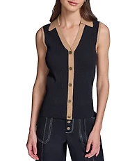 KARL LAGERFELD PARIS Knit Spread Collar Sleeveless Contrast Trim Vest