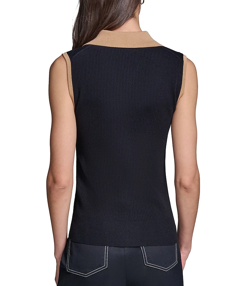 KARL LAGERFELD PARIS Knit Spread Collar Sleeveless Contrast Trim Vest