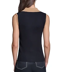KARL LAGERFELD PARIS Knit Spread Collar Sleeveless Contrast Trim Vest