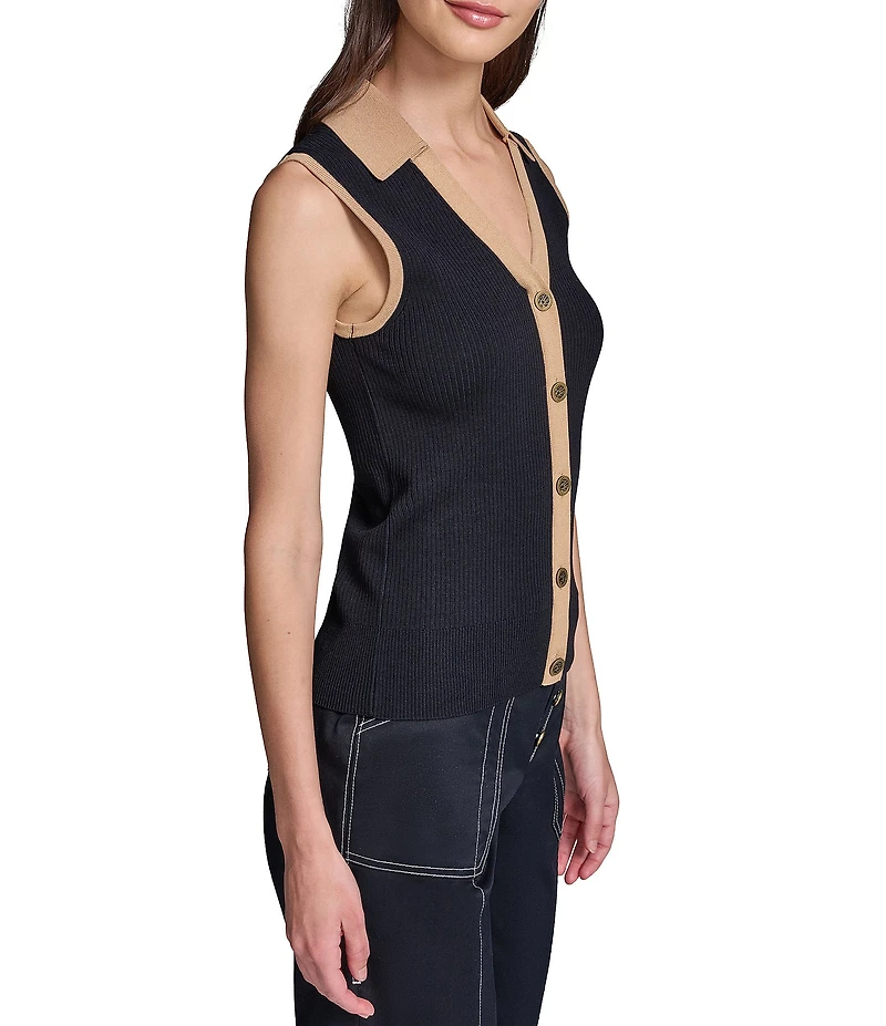KARL LAGERFELD PARIS Knit Spread Collar Sleeveless Contrast Trim Vest