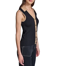 KARL LAGERFELD PARIS Knit Spread Collar Sleeveless Contrast Trim Vest