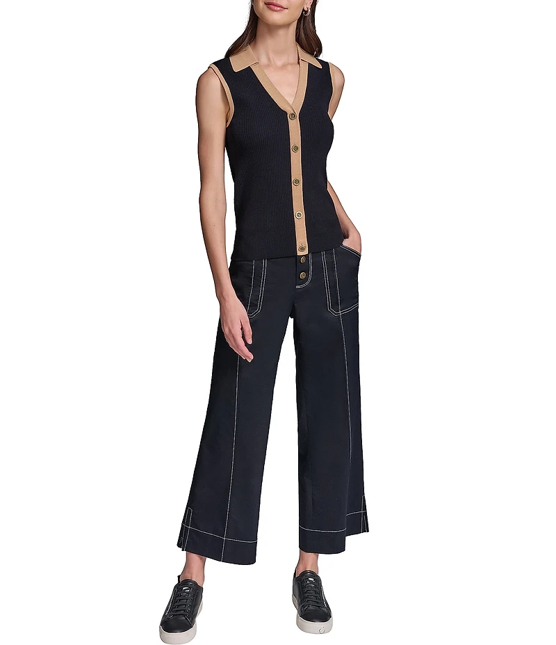 KARL LAGERFELD PARIS Knit Spread Collar Sleeveless Contrast Trim Vest