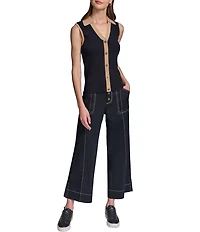 KARL LAGERFELD PARIS Knit Spread Collar Sleeveless Contrast Trim Vest