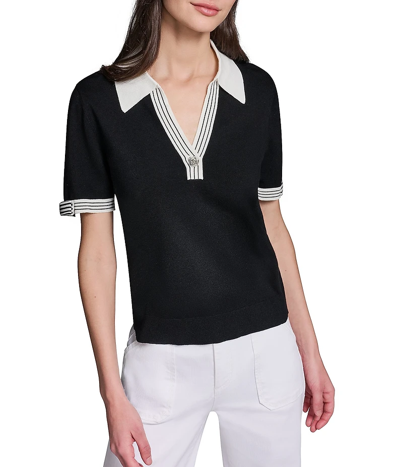 KARL LAGERFELD PARIS Knit Spun Rayon Spread Collar Short Sleeve Top