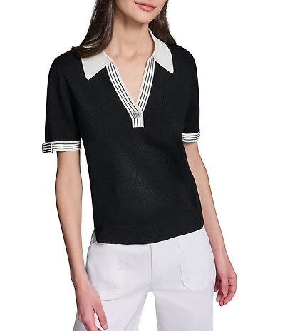 KARL LAGERFELD PARIS Knit Spun Rayon Spread Collar Short Sleeve Top