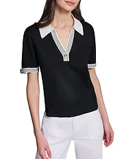 KARL LAGERFELD PARIS Knit Spun Rayon Spread Collar Short Sleeve Top