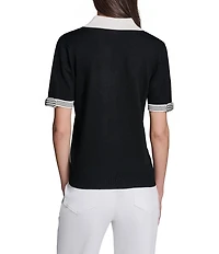KARL LAGERFELD PARIS Knit Spun Rayon Spread Collar Short Sleeve Top