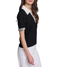 KARL LAGERFELD PARIS Knit Spun Rayon Spread Collar Short Sleeve Top