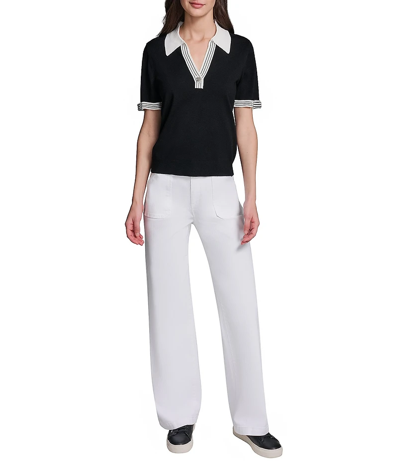 KARL LAGERFELD PARIS Knit Spun Rayon Spread Collar Short Sleeve Top