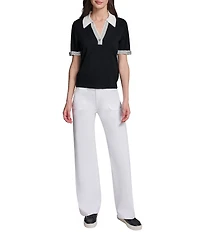 KARL LAGERFELD PARIS Knit Spun Rayon Spread Collar Short Sleeve Top