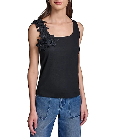 KARL LAGERFELD PARIS Knit Square Neck 3D Floral Sleeveless Tank